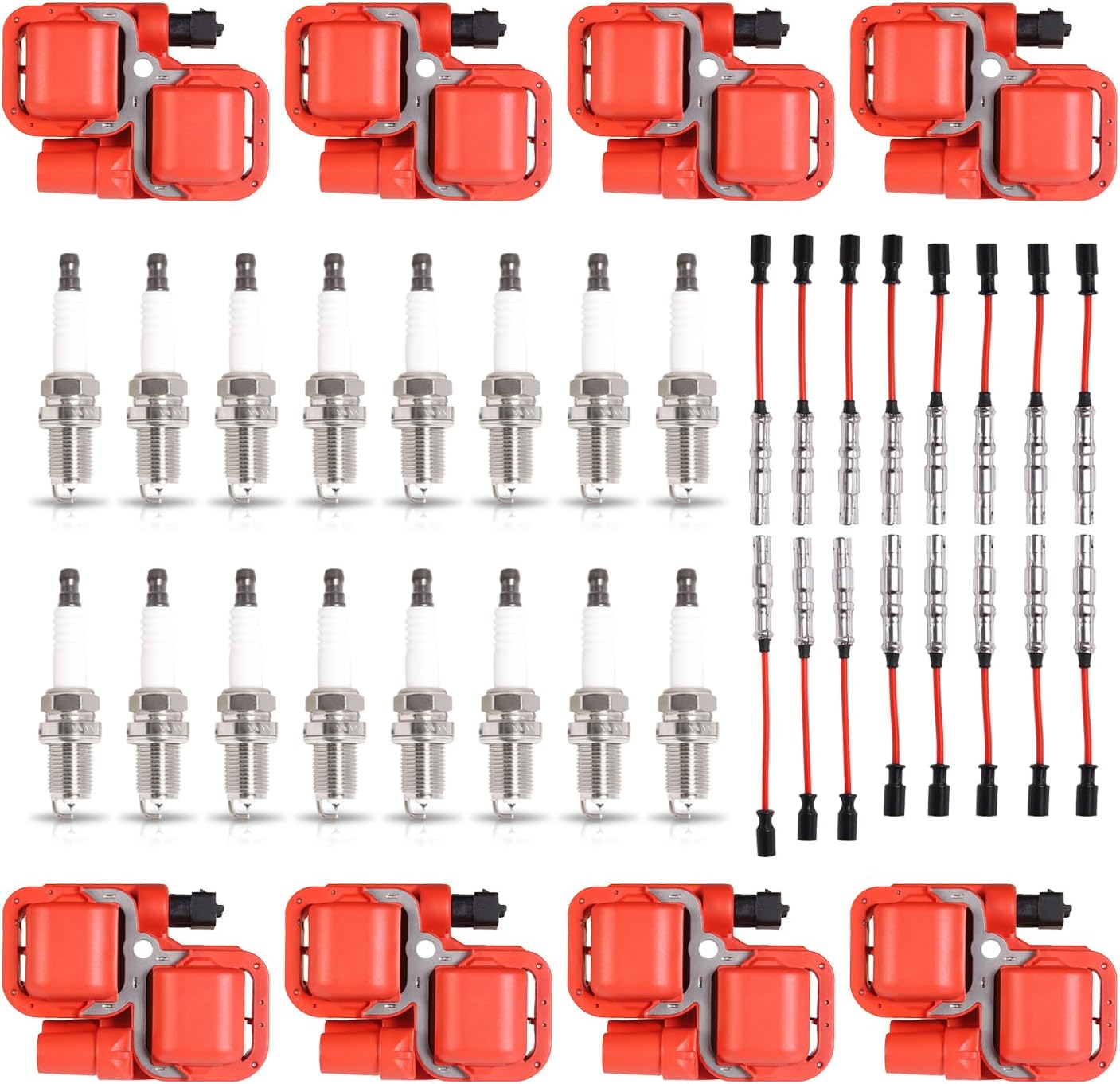 ENA Set of 8 Red Ignition Coil with 16 Platinum Spark Plug and Red Wire Set Compatible with Mercedes-Benz C43 CL500 CLK430 CLK500 E430 E500 E55 AMG ML430 ML500 S430 S500 SL500 4.3L 5.0L