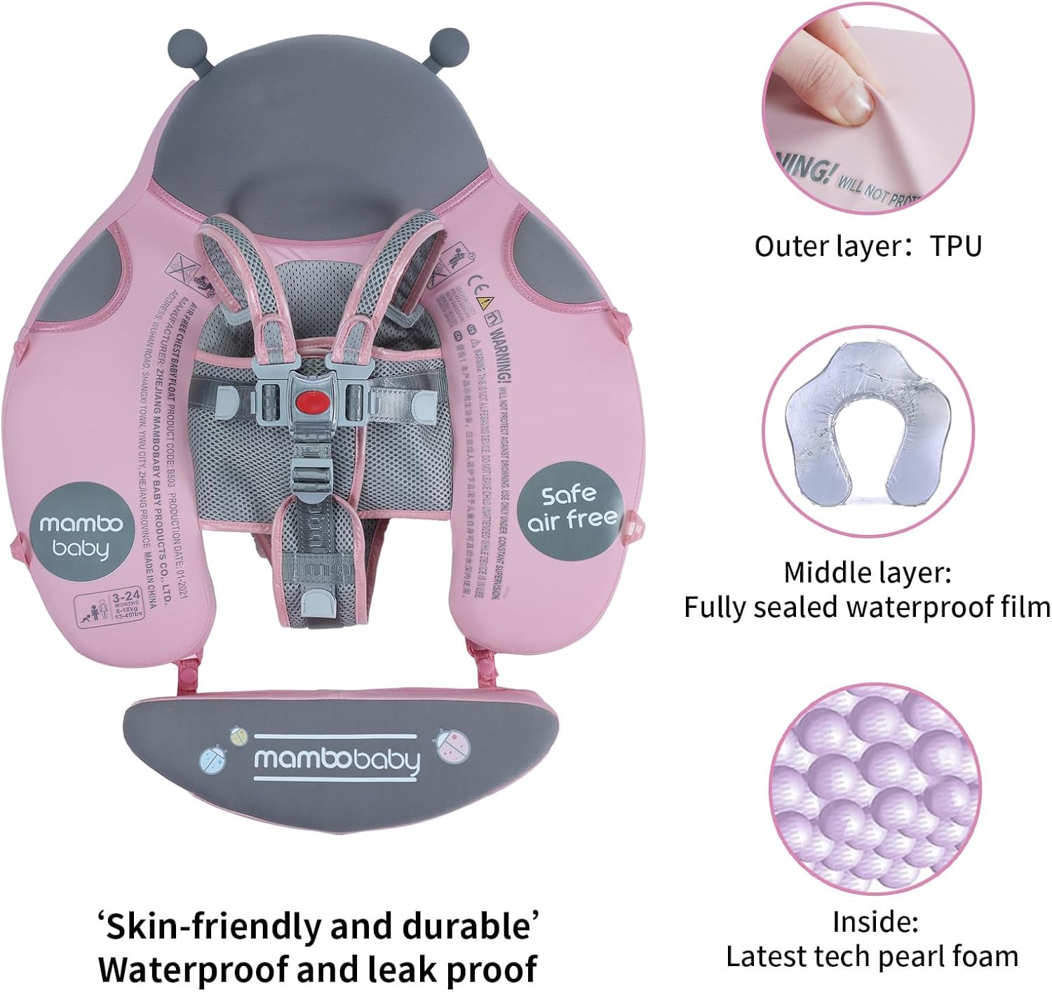 Mambobaby Float with Canopy Size Improved Non Inflatable Infant Baby Pool Float Smart Mambo Float Swim Trainer Baby Swim Float Mambo Baby Float Solid Air Free Water Waist Swimming Ring (PIN Ladybug)