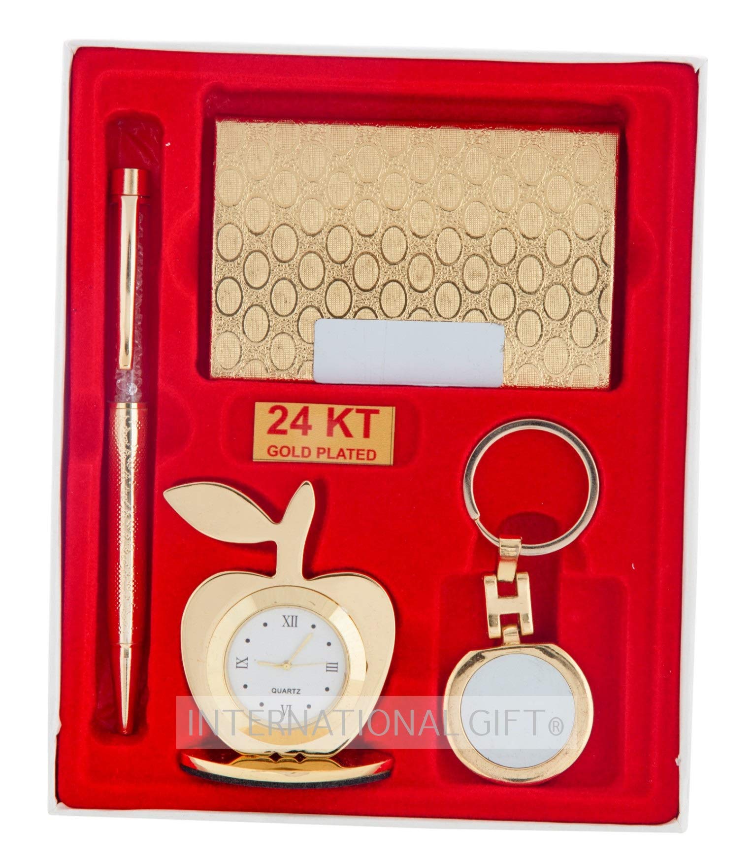 INTERNATIONAL GIFT® Golden Pen, Visiting Card Holder, Apple Shape Clock and Key Ring with Carry Bag