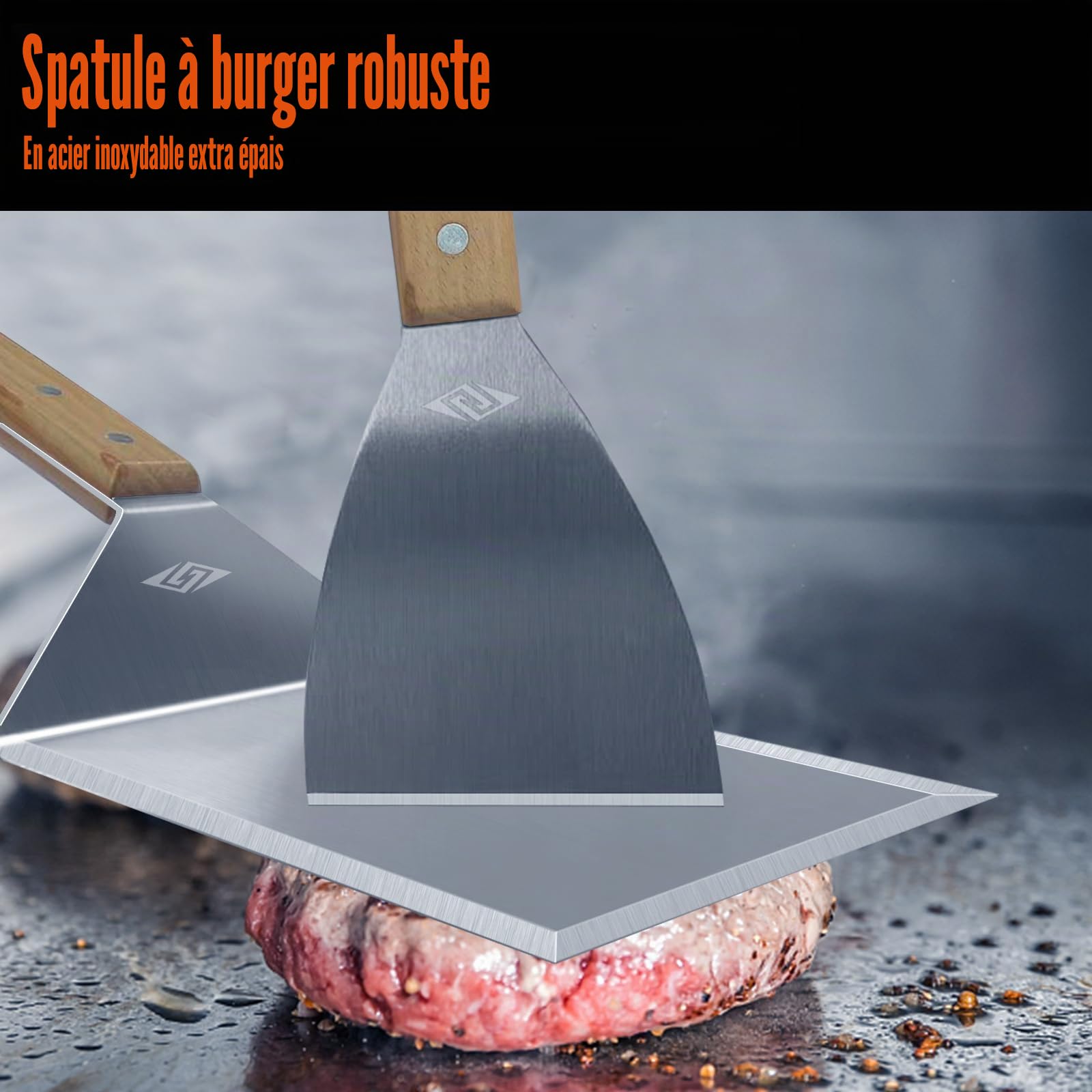 STEVEN-BULL Ensemble d'Outils de Barbecue - Spatule en Acier Inoxydable pour Plancha et Teppanyaki - 15,5 x 13,5 cm, Manche en Bois - Cadeaux pour Hommes