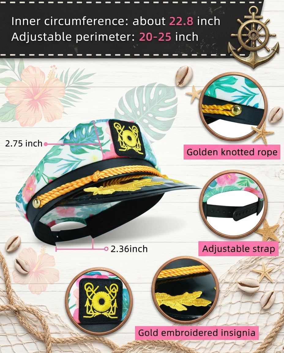 dodowin Captain Hat for Men Women Adjustable Sailor Hats Boat Cruise Yacht Rock Party Costume Beach Essential Hawaiian Outfit