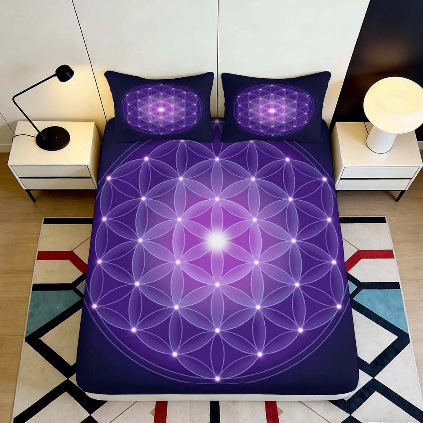 Decorative purple geometric fitted sheet, 3D Printed, soft touch microfiber, wrinkle resistant, bedroom, apartment bedding 90x200x25cm