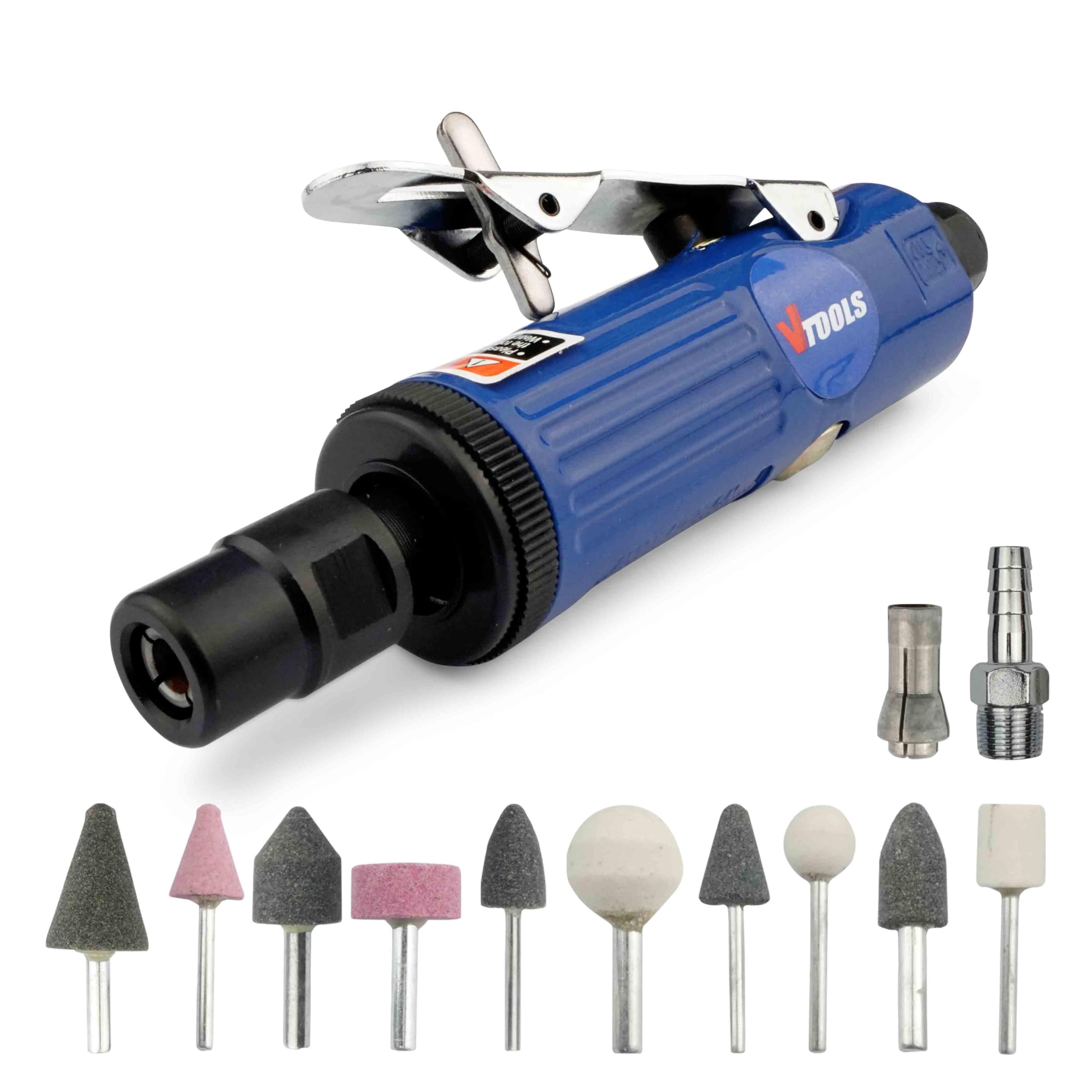 VTOOLS 6mm Air Die Grinder Kit with 25,000 RPM, 85 L/min Air Consumption, Grinding Heads and Spanner Accessories, Multi-Bit Grinding Set for Automotive, Metalworking, and DIY Projects, Blue, VT6113