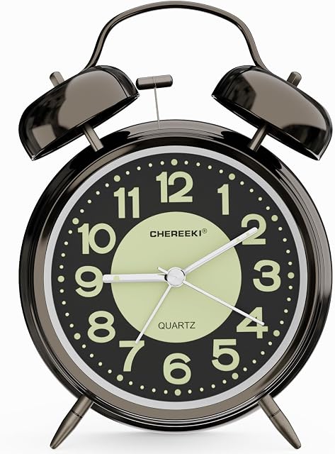 CHEREEKI Alarm Clock, Kids Alarm Clock for Heavy Sleepers with Twin Bell and Large Digits, Loud Battery Retro Alarm Clock with Night Light for Bedside, Bedroom(Battery Included)