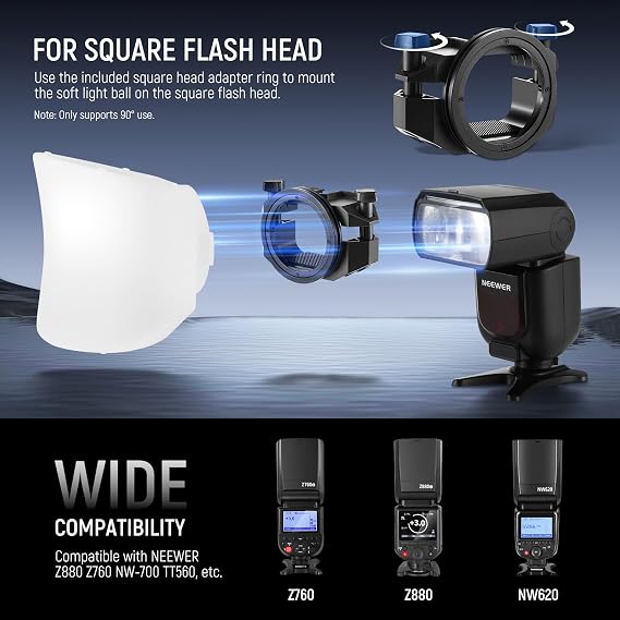 Neewer CRS7 Softbox Diffusion Dome with 3 Adapter Rings, Compatible with Godox V1 Z1 Z2 Round Head Flash and Square Speedlite Z760 and More, Mount for Video Light MS60B MS60C MS150B