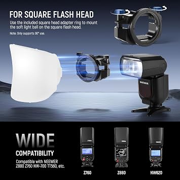 Neewer CRS7 Softbox Diffusion Dome with 3 Adapter Rings, Compatible with Godox V1 Z1 Z2 Round Head Flash and Square Speedlite Z760 and More, Mount for Video Light MS60B MS60C MS150B