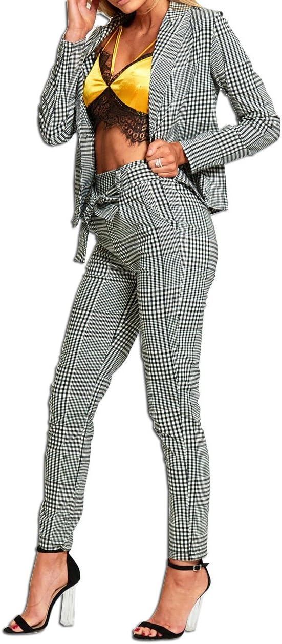 Women's Vintage Style Single Breasted Charles Check Blazer Suit Ladies Jacket Coat Notched Lapel Collar