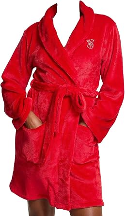 Victoria's Secret Signature Short Cozy Plush Robe Red Belted Wrap with Rhinestone VS Logo New