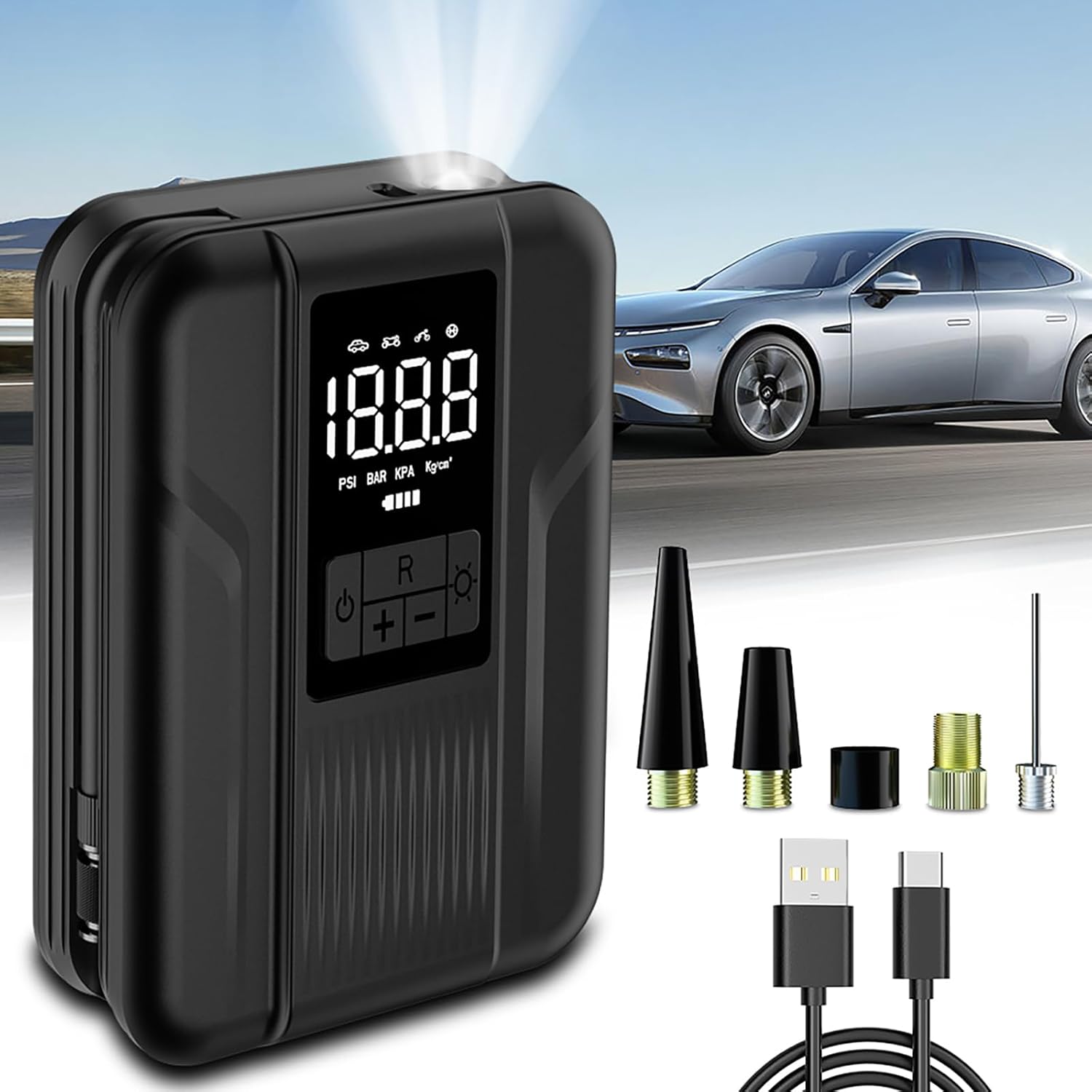 Tire Inflator Portable Air Compressor Portable Air Pump for Car Tires Inflator 150 PSI & 5000mAh Battery Tire Pump for Motorcycle/Bicycle Tires and Balls with Digital Pressure Gauge & LED Light