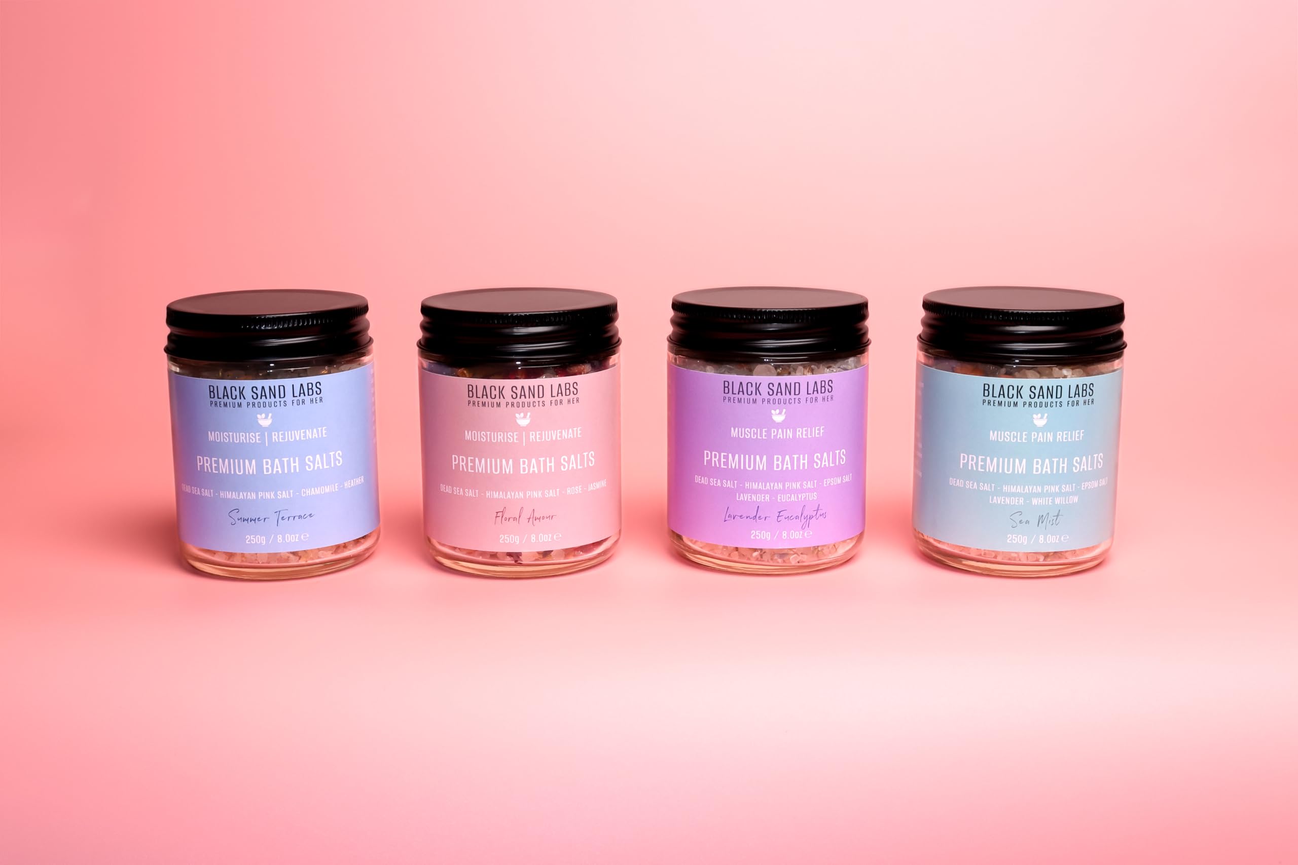 Badesalz Geschenkset für Sie - Totes Meer, Himalaya-Rosa & Bittersalz Mischung - Geschenkprobe für Frauen - 4x250g (Geschenkset - Floral Amour, Lavendel Eukalyptus, Sommerterrasse,