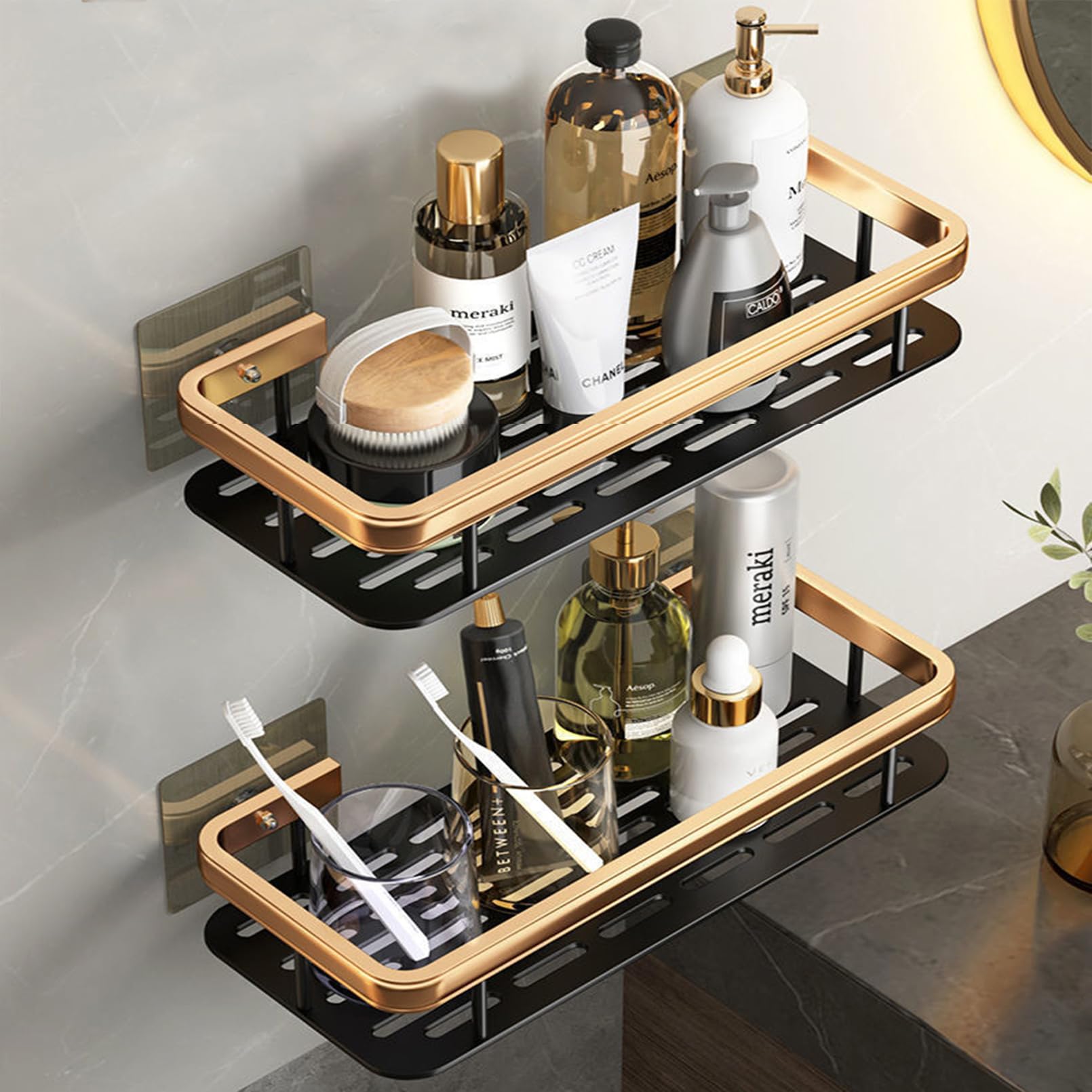 HORTYKEY Shower Caddy Shelf Thickened Upgraded Version, Adhesive Gold Bathroom wall shelves, No Drilling Wall Mounted Shower Organizer, Rustproof Basket for Bathroom, Toilet, Kitchen