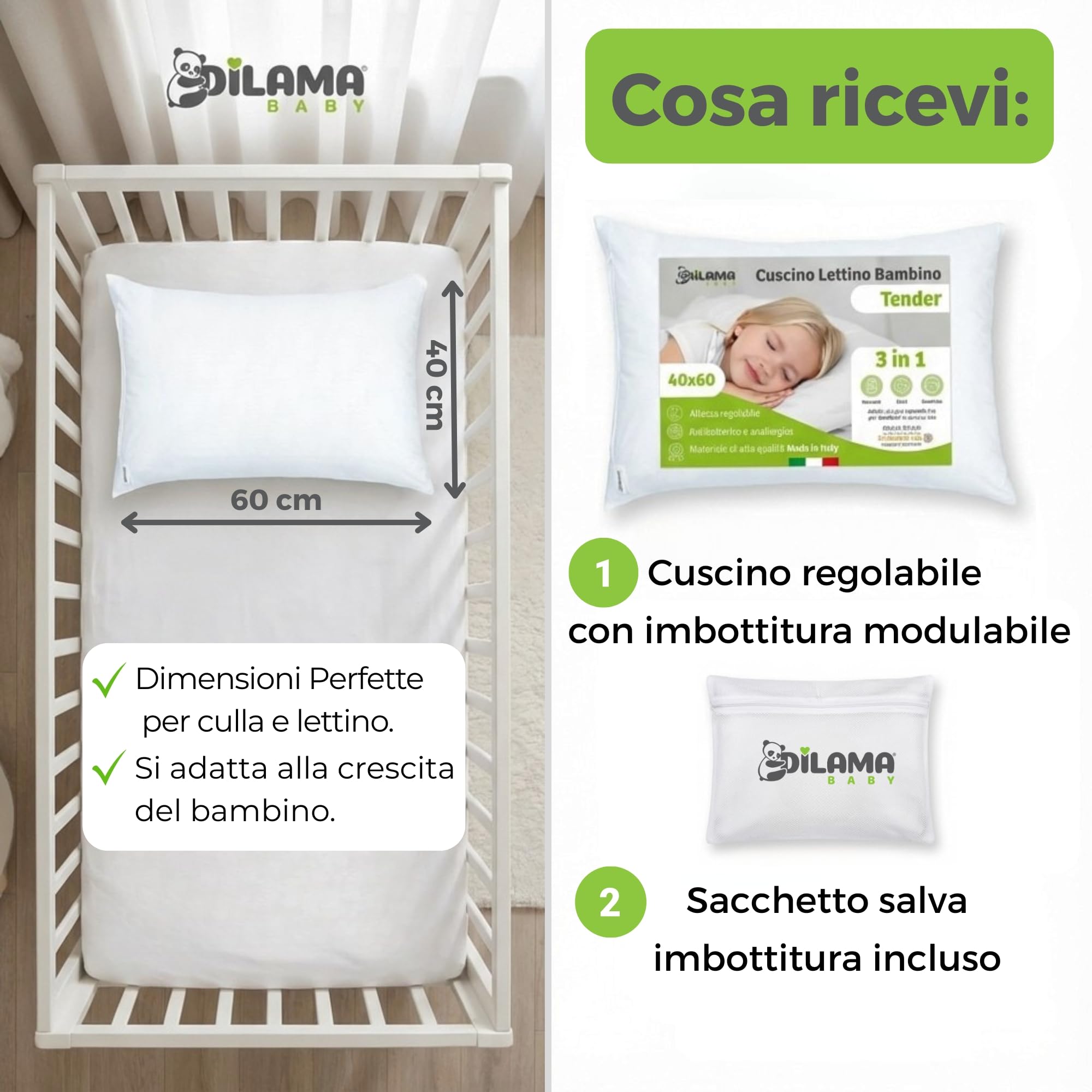 Dilamababy Cuscino Lettino Bambino 40x60 Regolabile in Altezza Anallergico Antiacaro Lavabile Federa Cotone Percalle Oeko Tex