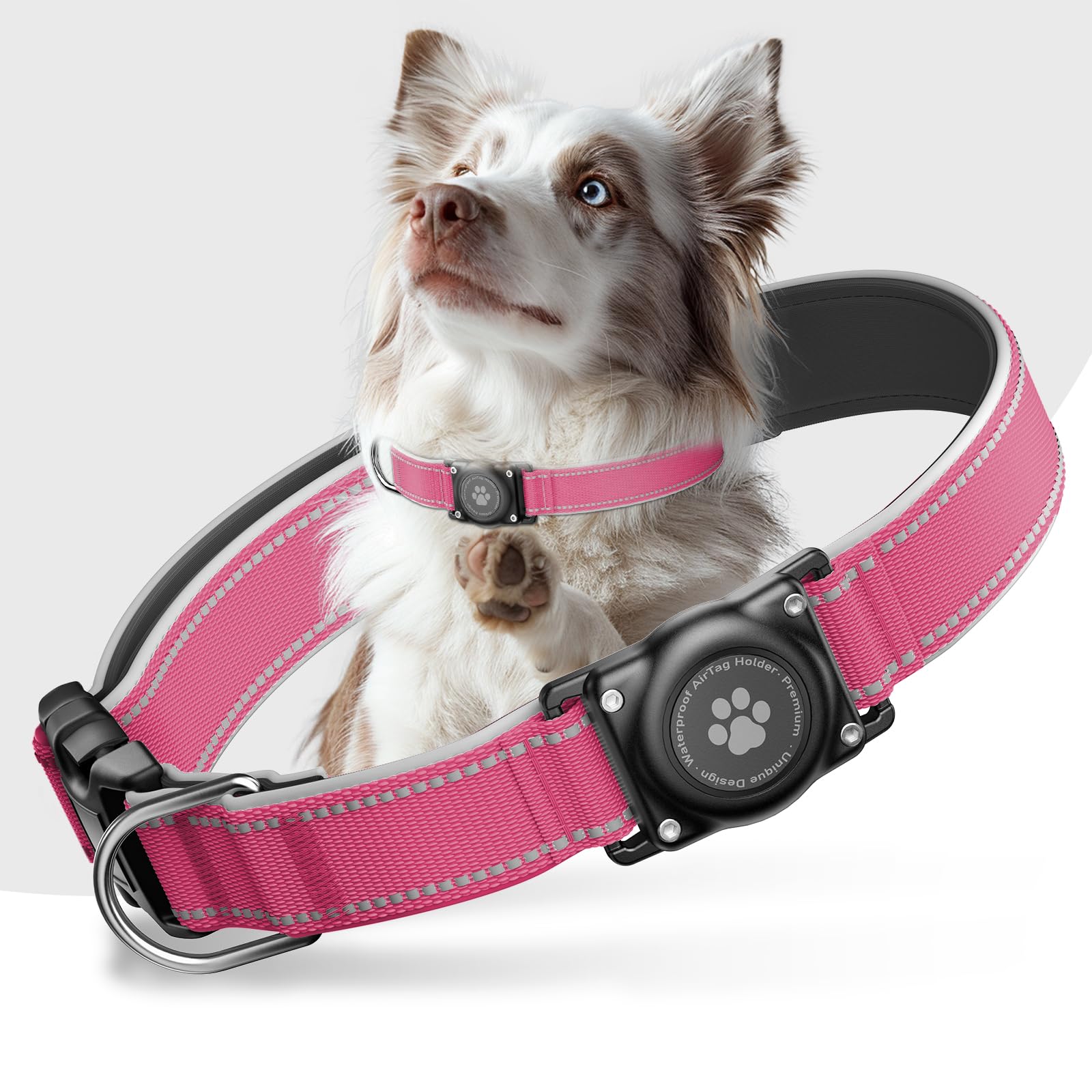 Airtag Dog Collar - 100% Waterproof Air tag Dog Collar Holder for Apple AirTag, Reflective, Soft Padded, Everlasting, GPS Dog Collar for Small Medium Large Dogs (Hot Pink, M)