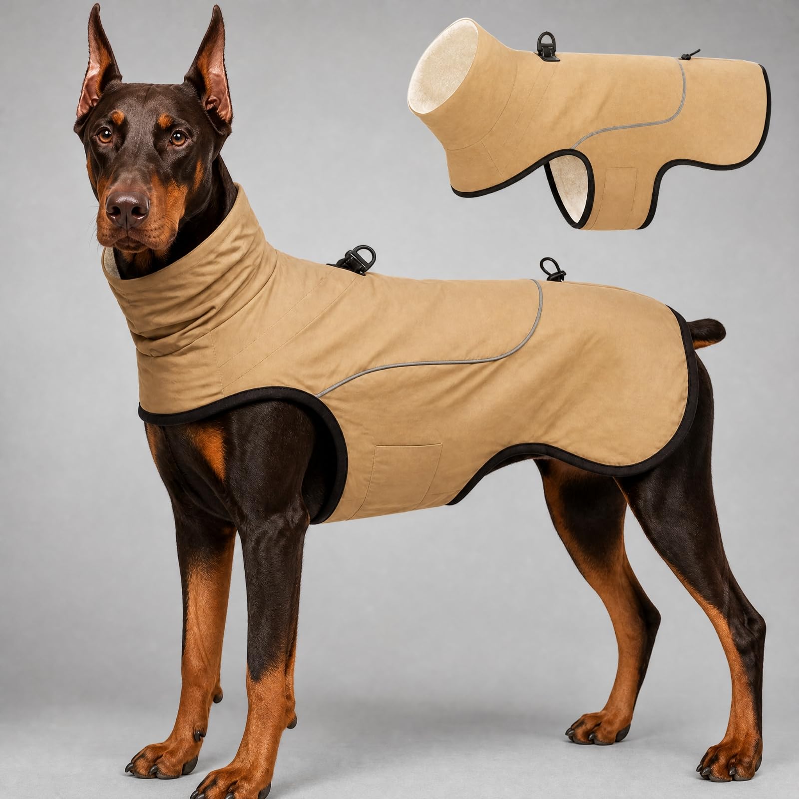 Beige Hundejacke aus Polyester Wärmend Wärmende Hundejacke mit Reflektoren Reflektierend Hunde-Winterjacke für Parkbesuche, XXL