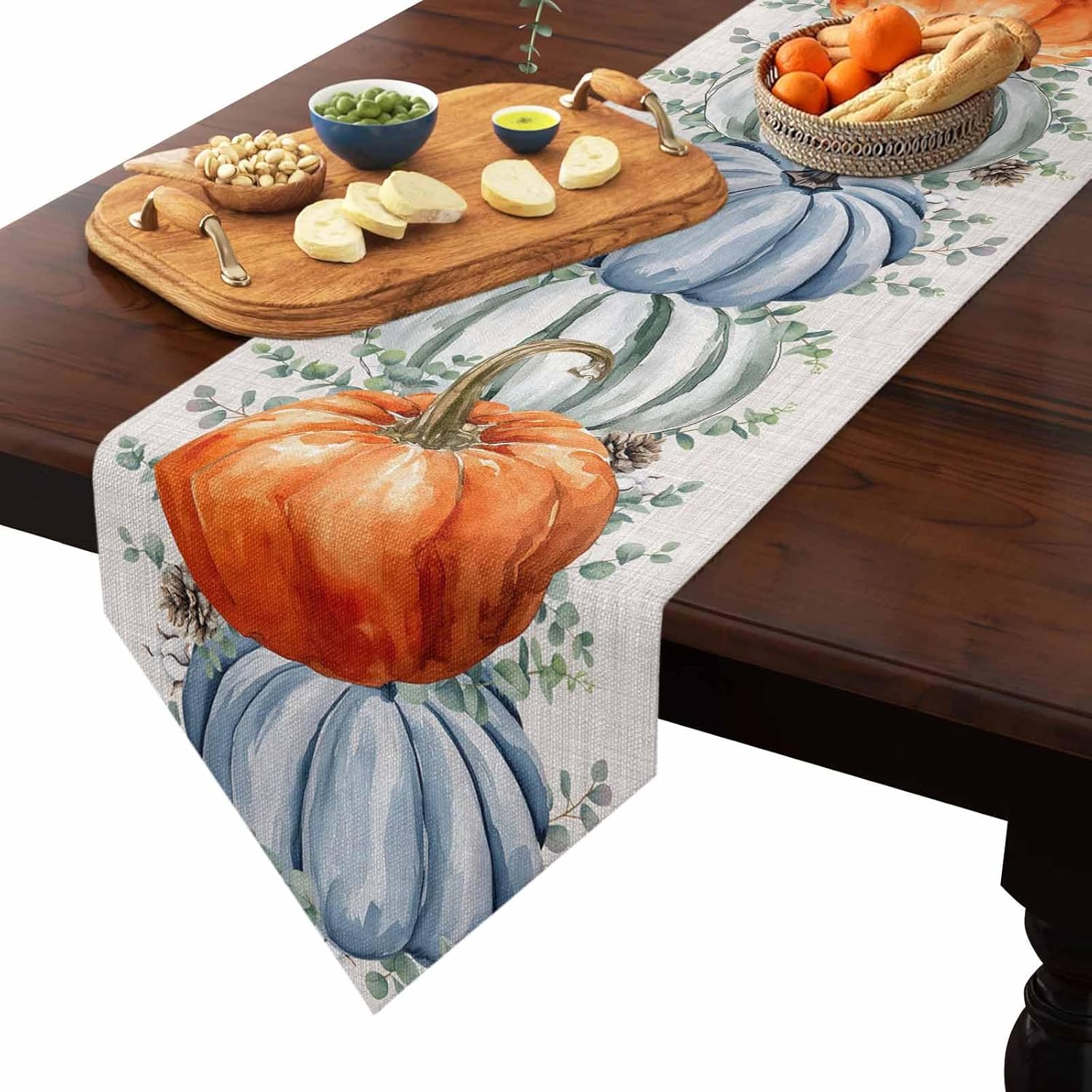 Thanksgiving Table Runner,Watercolor Fall Pumpkin Seasonal Holiday Burlap Tabletop Dresser Scarves Eucalyptus Leaves Kitchen Dining Tables Decoration for Home Indoor Outdoor Party,13x60 Inches