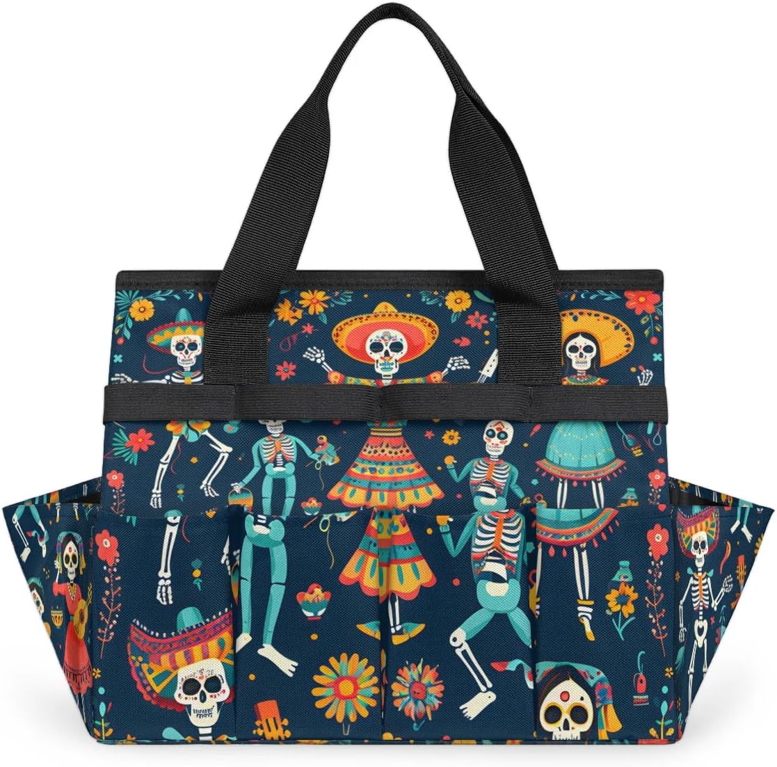 Skull Head and Guitar Garden Tool Bag, Garden Tote Storage Bag with 10 Pockets, Indoor and Outdoor Gardening Tool Organizer for Women Men