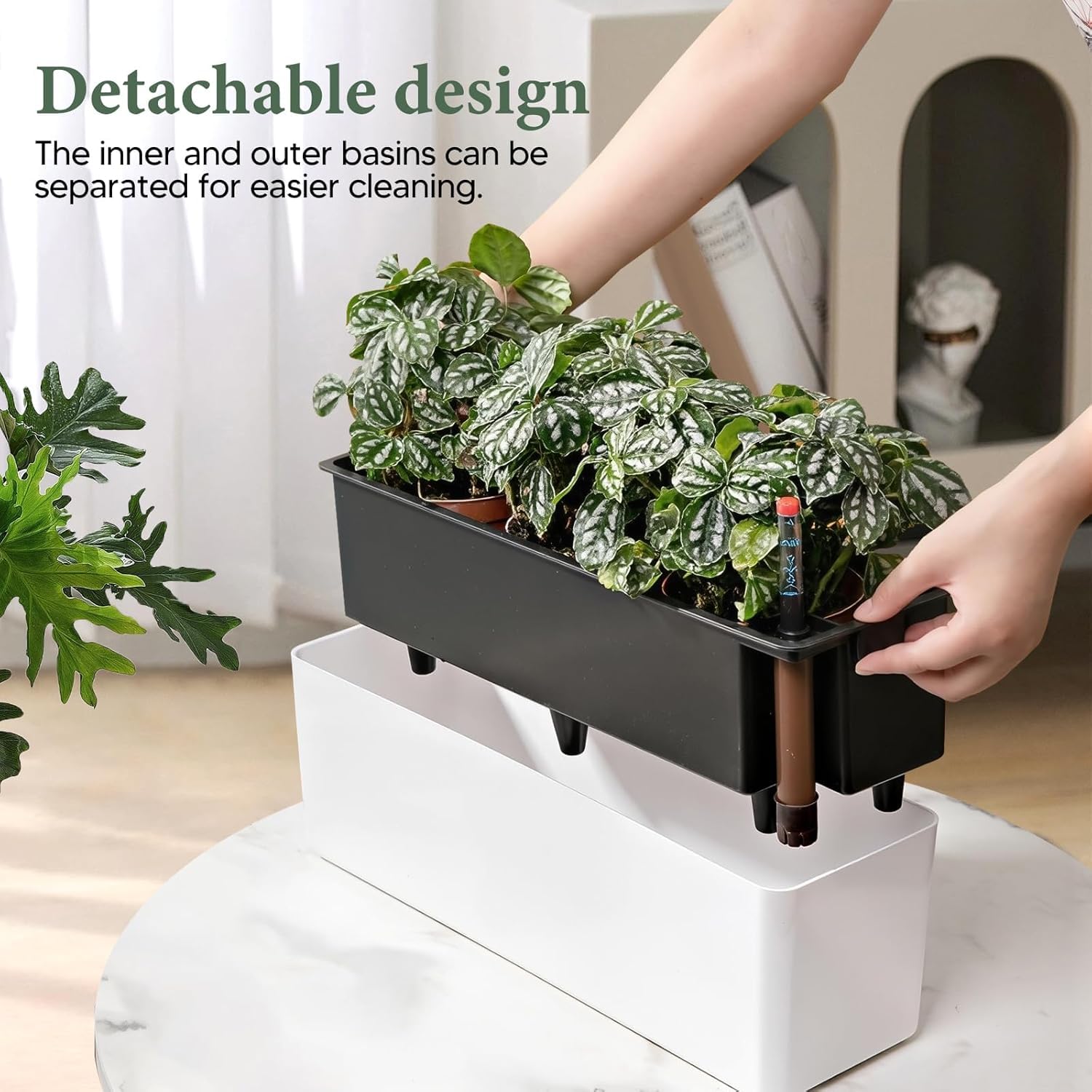 Rechteckiger selbstbewässernder Pflanzkübel mit Wasserstandsanzeige, Fensterkasten für Fensterbank, Garten, Pflanzen, Gemüse, Blumen, Weiß