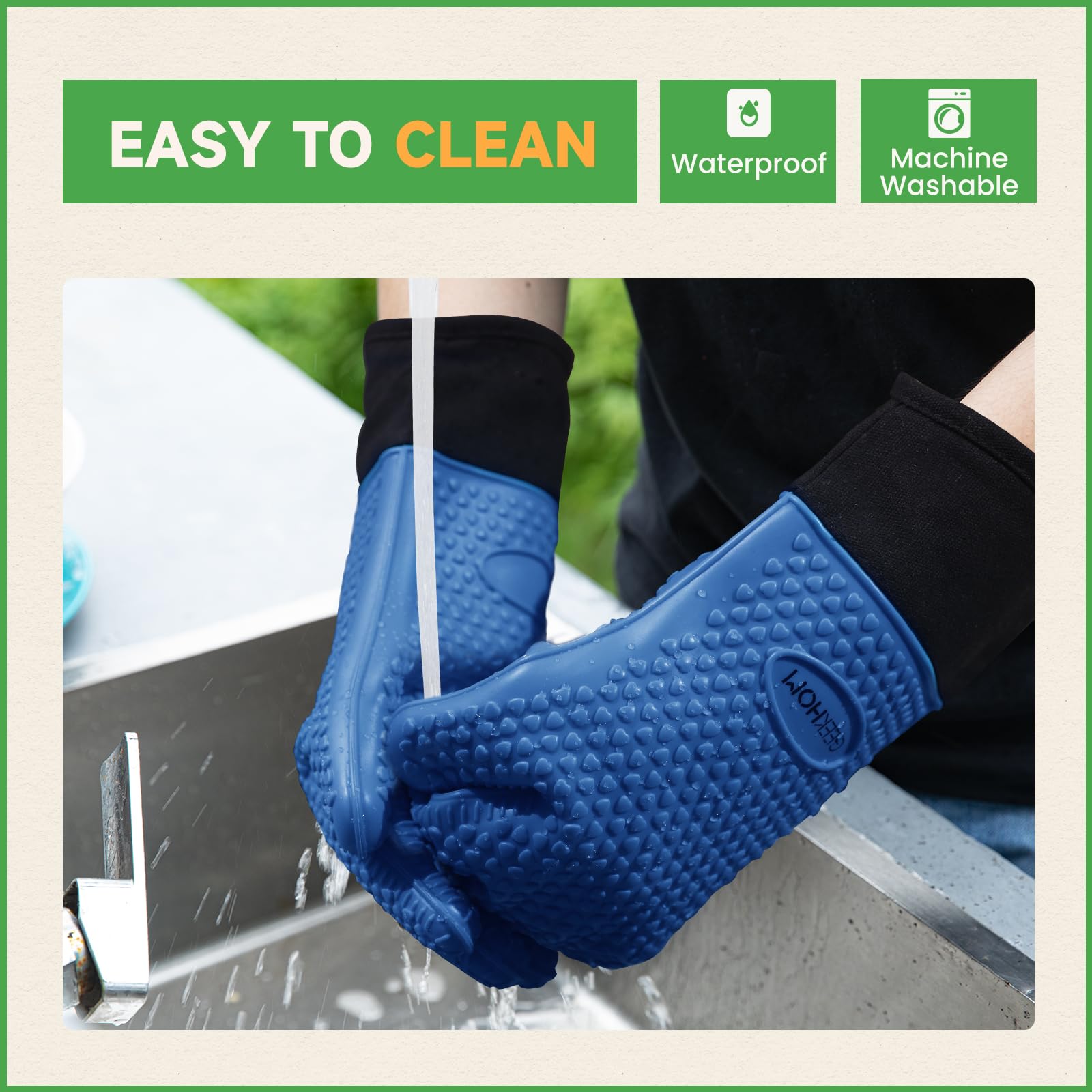 Guantes de Horno y Barbacoa Resistentes al Calor: GEEKHOM Silicona Impermeable - 44 cm Antideslizantes para Parrillas/Horno Profesional/Microondas, Protección Anti-Escaldaduras