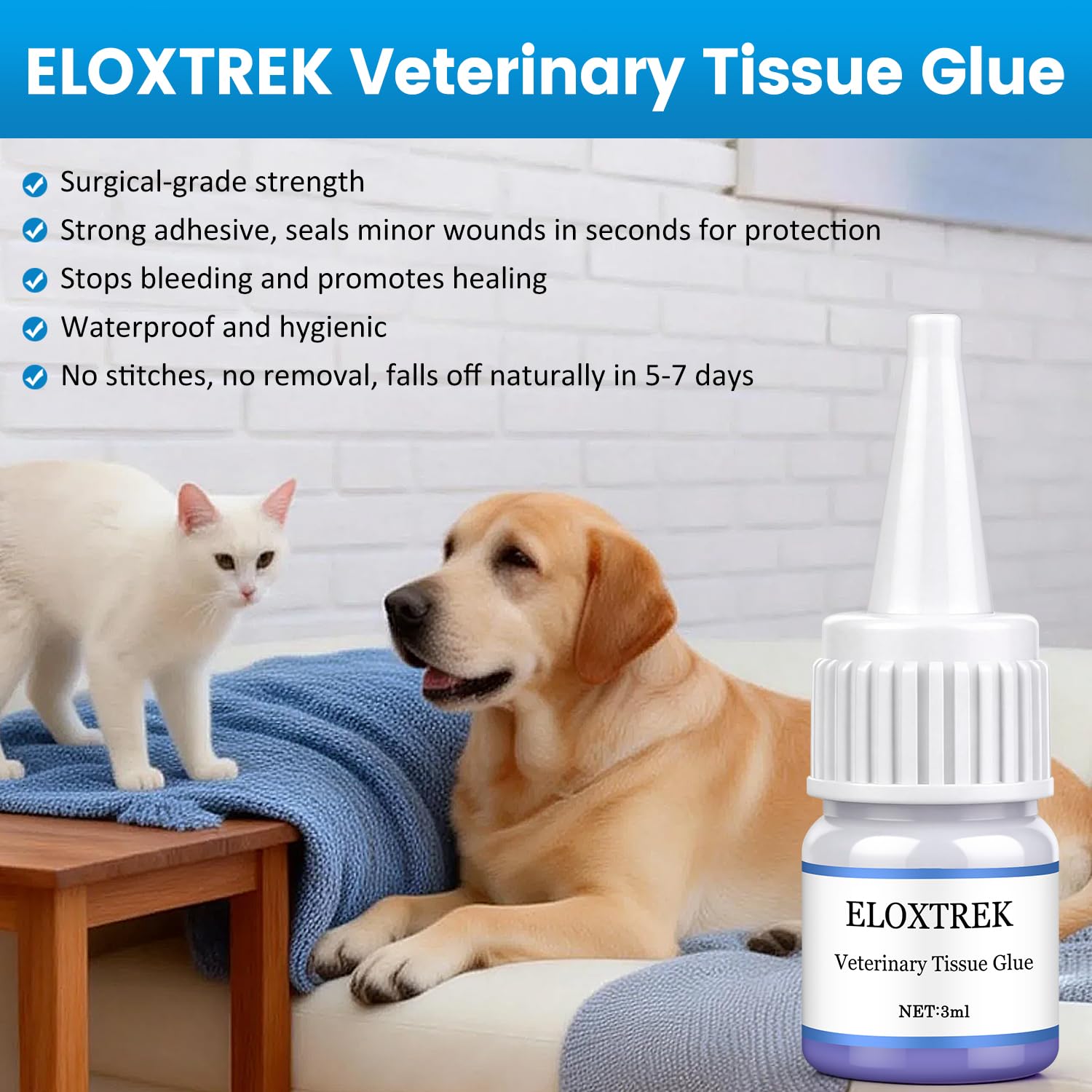 3ml Veterinary Surgical Skin Glue with 15 Precise Applicators, Strong Surgical Adhesive, Blue-Tinted Fast-Acting Tissue Wound Glue, Waterproof Wound Sealant for Multi-Pet Households — Amazon image 2