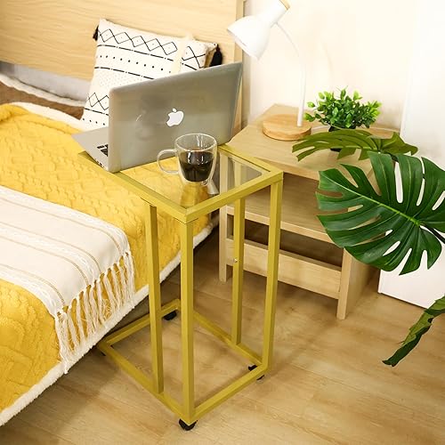 Miniatura 6 de Fixwal Mesa auxiliar en forma de C, mesa auxiliar de vidrio templado con marco de metal, mesa de bandeja de TV para sala de estar, dormitorio, café,