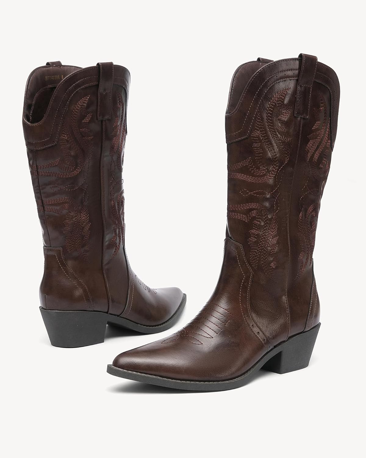 NEWBELLA Women's Western Cowboy Boots - Embroidered Fringe Pointed Toe Cowgirl Boots Chunky Heel Mid Calf Boots with Side Zip - Image 6