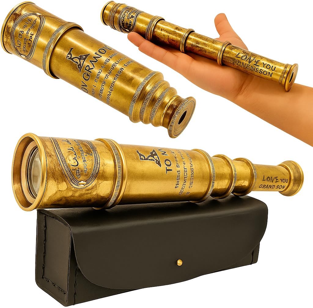 Vintage Brass Spyglass Telescope – Nautical Pirate Monocular Collapsible Scope with Leather Case – Handheld Maritime Optical Brass Scope – Antique Gift for Explorer, Boyfriend, Dad, Kids