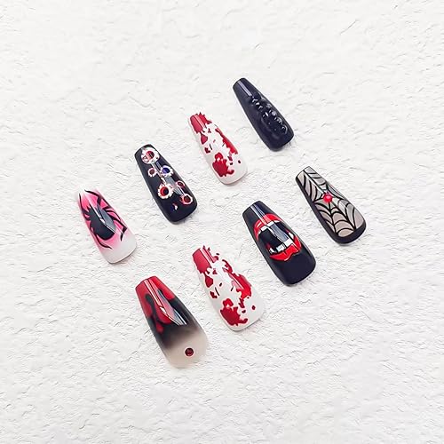 Miniatura 7 de 24 uñas postizas de Halloween a presión de longitud media, uñas postizas de ataúd negro con telaraña, diseño de araña y grito, uñas acrílicas con