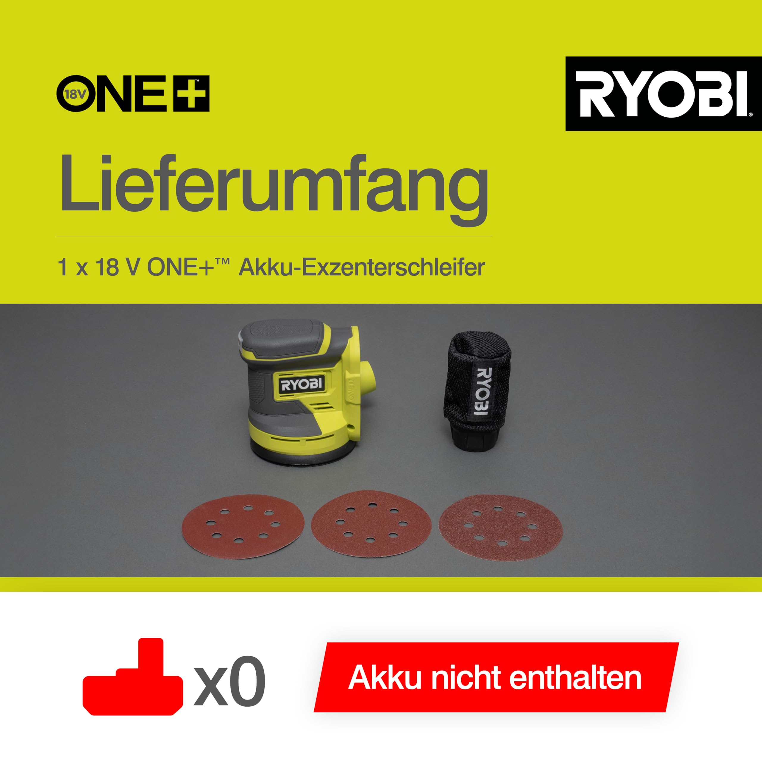 RYOBI 18 V ONE+ Akku-Exzenterschleifer RROS18-0, 125 mm Schleifteller, 2,5 mm Schwingkreis, Effiziente Farbentfernung, Kompatibel mit Werkzeugsystemen