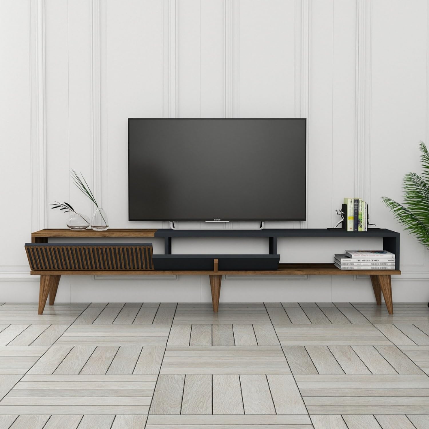CONCEPT USINE | Meuble TV 180 cm | Design NOLA Bois Noyer et Anthracite | Moderne, Pratique et Fonctionnel | Espace de Rangement Généreux | Meuble Télé, Multimédia pour Salle Salon