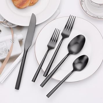 Salad Servers,Spoon and Fork Set + Matte Silverware Set Black Flatware Set with Hexagon Handle 20 Pieces
