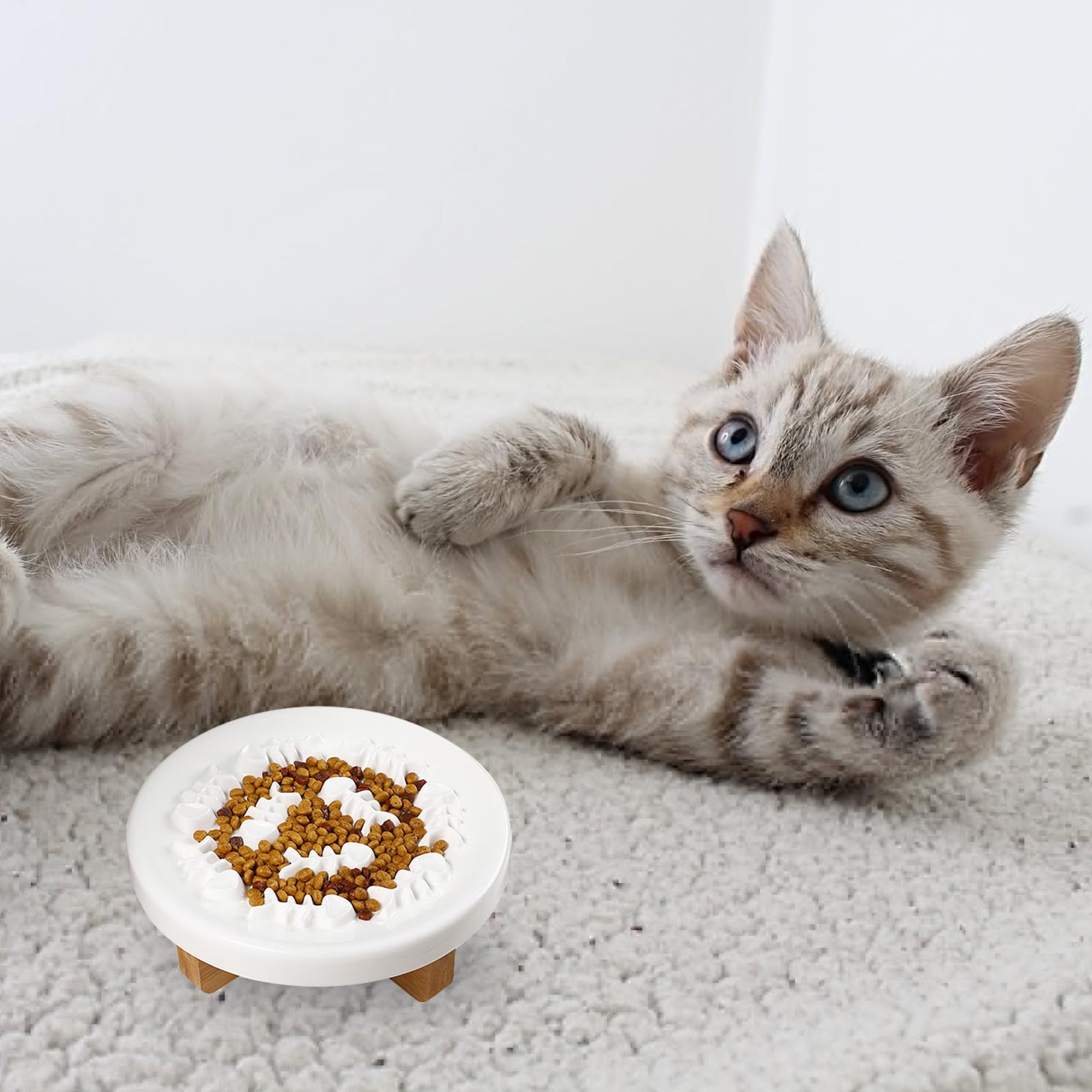 Toyvian Comedero Elevado con Soporte de Madera Anticaídas para Perros y Gatos Pequeños de Cerámica para Alimentación Lenta y Protección de Cuello en Mascotas