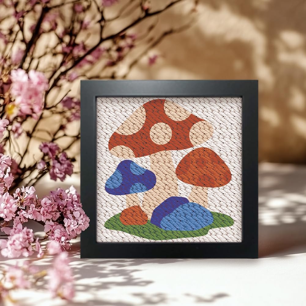 FREEBLOSS DIY Punch Needle Kit Mushroom Punch Needle Embroidery Wall Hanging Painting Kit for Beginners Poke Embroidery Dandelion Room Decor Already Framed, 9.4 * 9.4inch