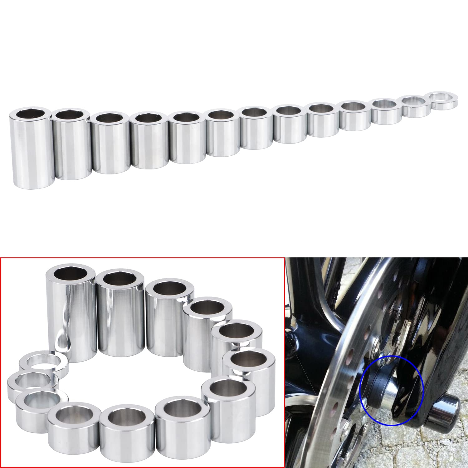 Chrome 3/4" Diamètre intérieur 1 1/8" Diamètre extérieur - 13 entretoises Kit d'entretoises d'axe de Roue Compatible avec Les Harley Custom Bobbers et Choppers