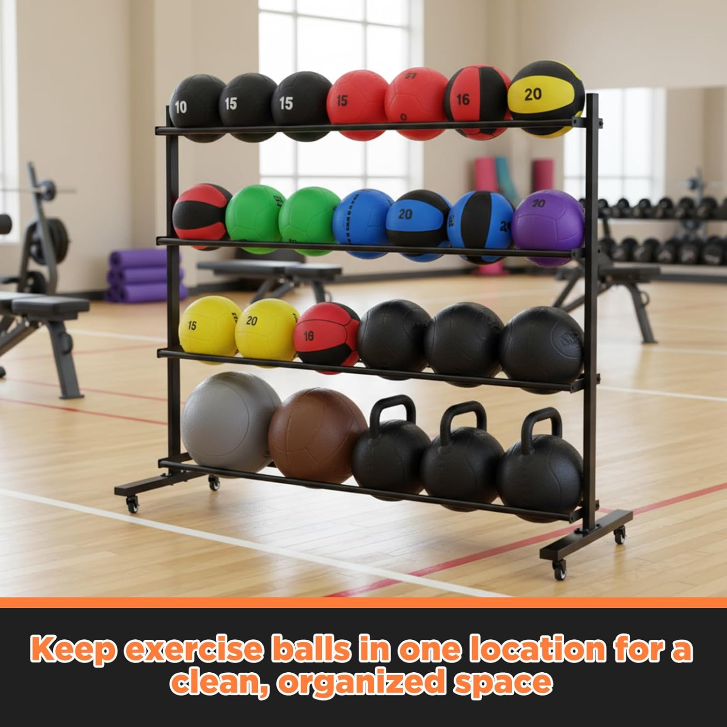 4-Tier Medicine Ball Rack Exercise Ball Storage Rack with Wheels Holds up to 20 Medicine, Slam, and Wall Balls Heavy Duty Gym Organizer