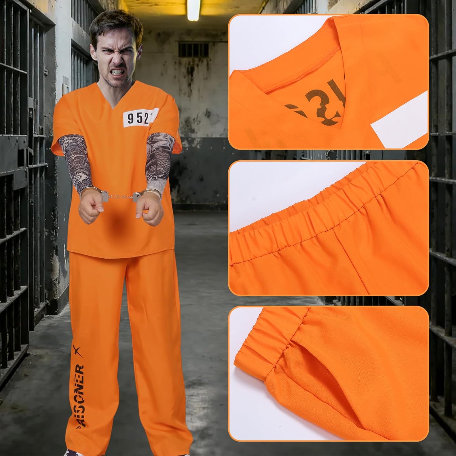 Prisoner Costume for Men Orange Prison Inmate Costumes Mens Halloween Cosplay Outfit Coverall with Prison Number - Image 3