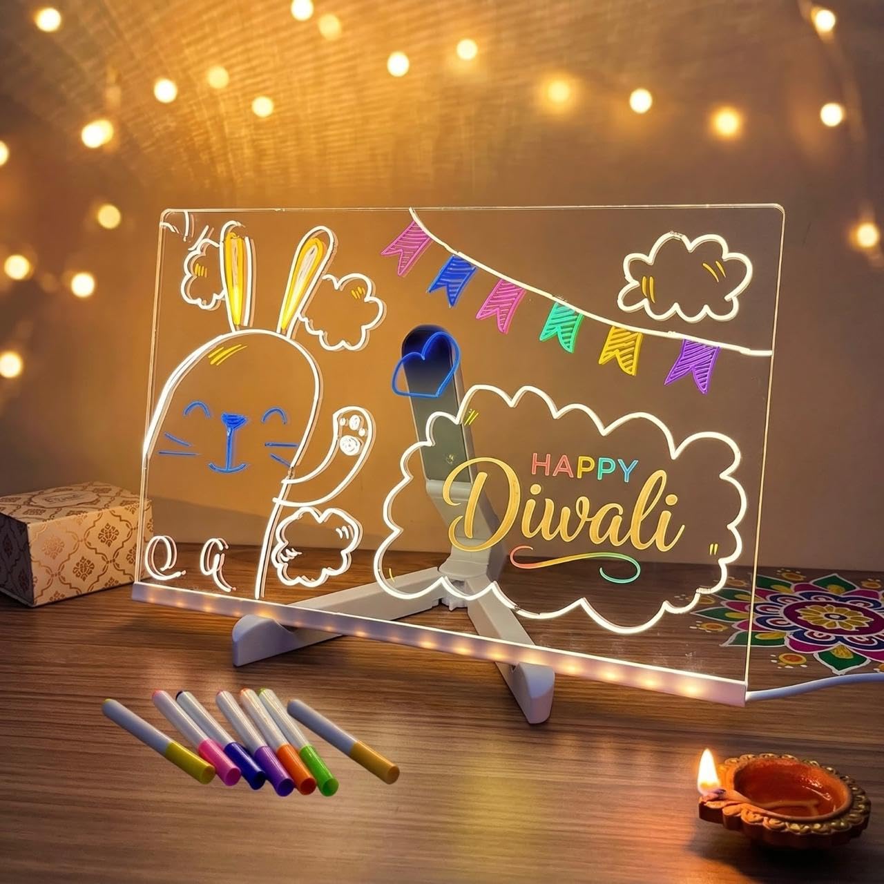 Finalize LED Acrylic Writing Board with Light & 7 Pens | 15x15 cm DIY 3D Rewritable Message Pad | Personalized Night Lamp & Display Board for Home, Office Desk, Kids & Gifts- (15 x 15)