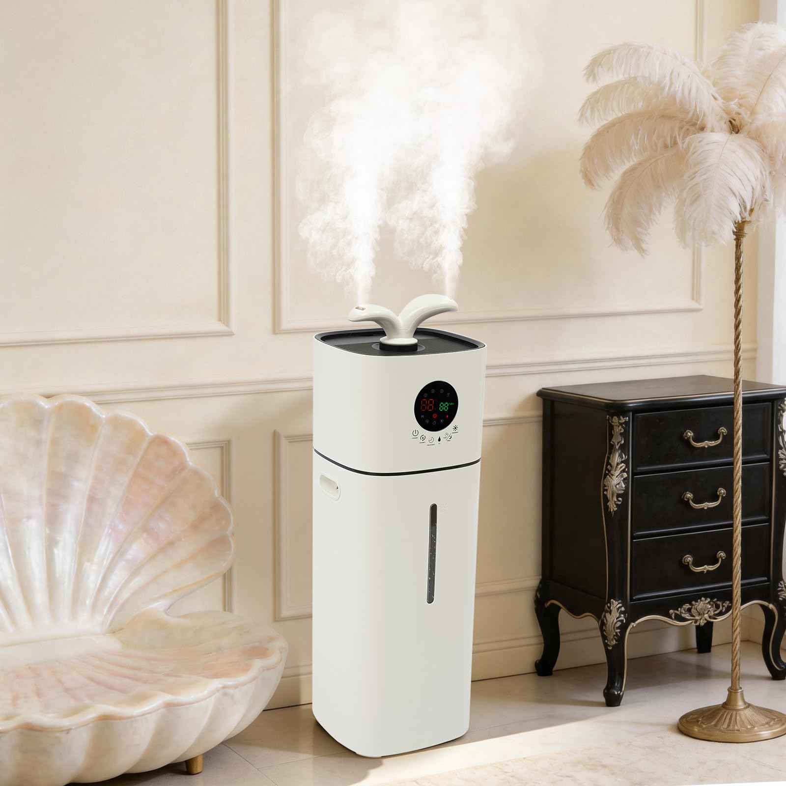 Humidificador ultrasónico de 16 litros, relleno superior con pantalla LED y mando a distancia, funcionamiento silencioso (36 – 45 dB), protección contra funcionamiento en seco, apto para salas de