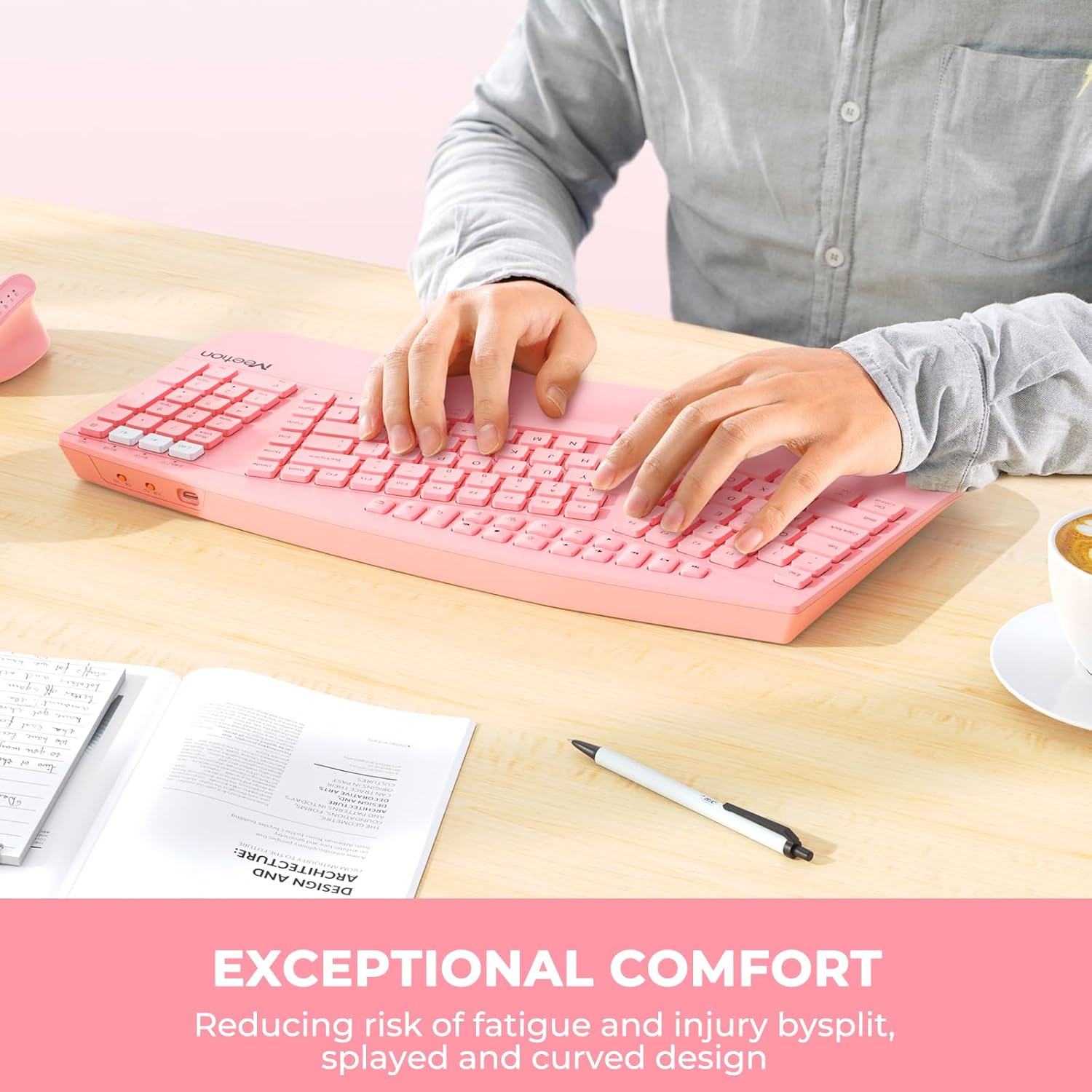 MEETION Ergonomic Keyboard Wireless, Multi-Device Bluetooth Keyboard, Full-Sized Rechargeable Split Computer Keyboards, Wrist Rest for Natural Typing, for Windows/Mac/Laptop/Table/PC, Pink