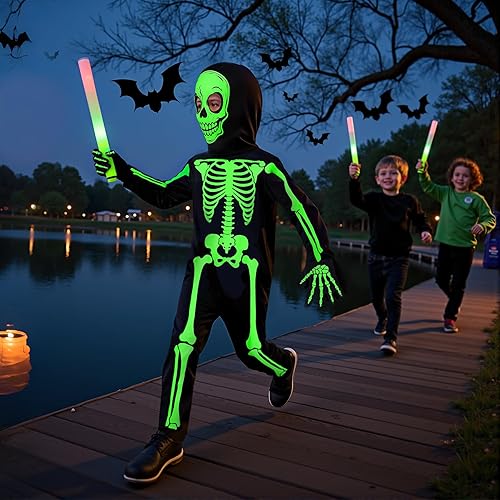 Miniatura 4 de gogoparti Disfraz de esqueleto para niños pequeños que brilla en la oscuridad para niño y niña, enterizo de esqueleto de Halloween iluminado con