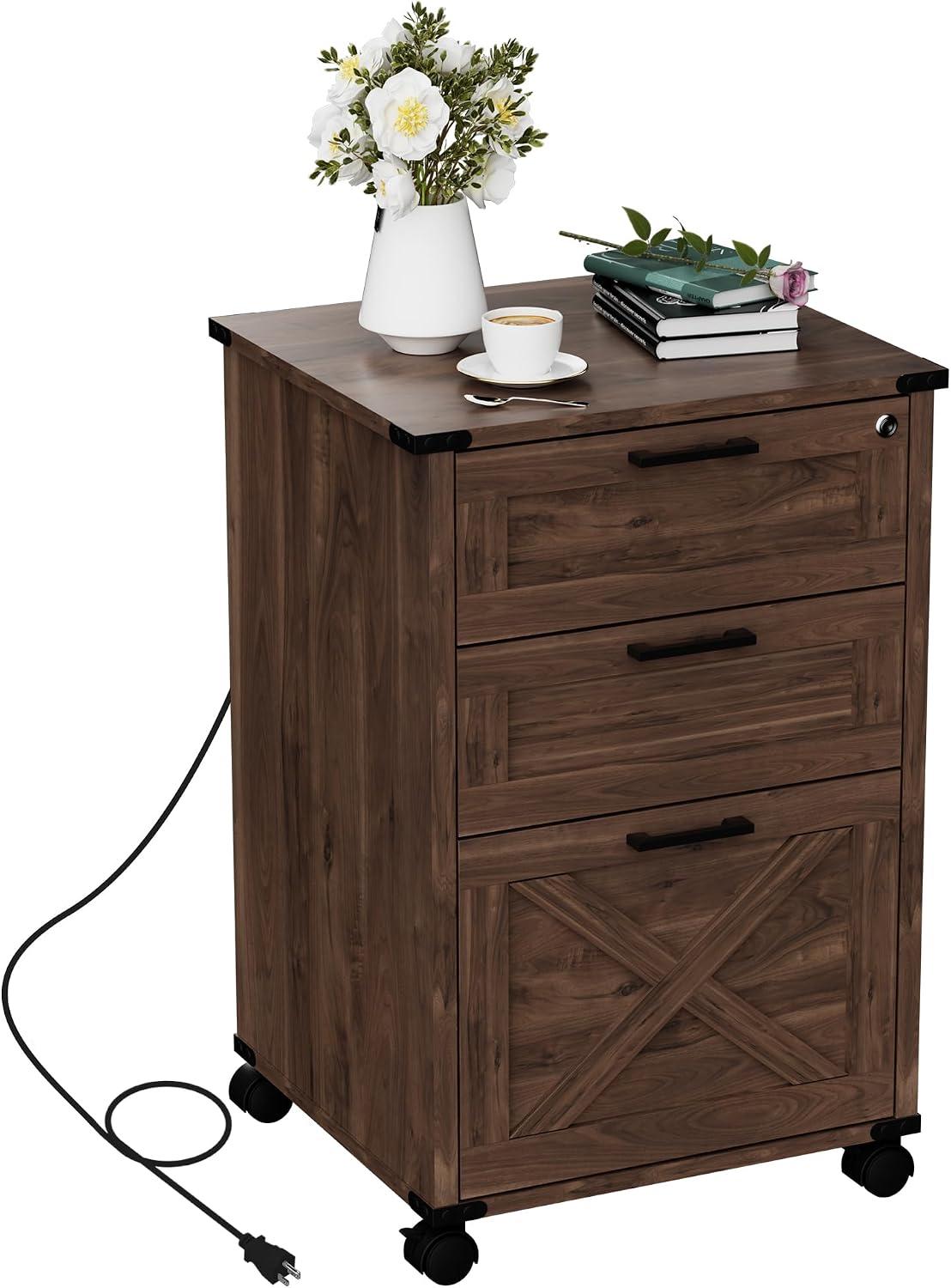 Onelike Small Wood File Cabinet with Lock, Nightstand with Charging Station, 3 Drawer Under Desk Lateral Filing Cabinets for Home Office, Printer Stand with Storage, Brown
