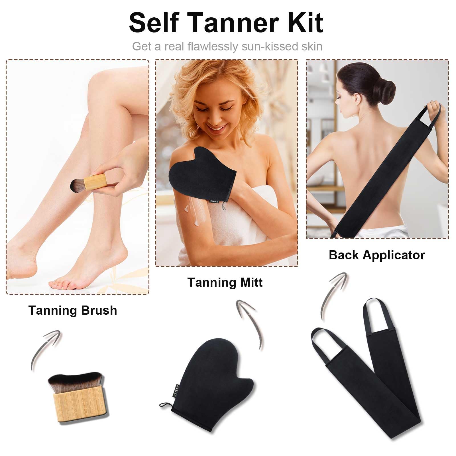 3-in-1 Selbstbräuner-Handschuh, Selbstbräuner-Handschuh, Applikator-Set, Selbstbräunungsbürste für Selbstbräuner, Rückenbräuner, Bräunungshandschuh, Kabuki, Körperbürste, Selbstbräuner,