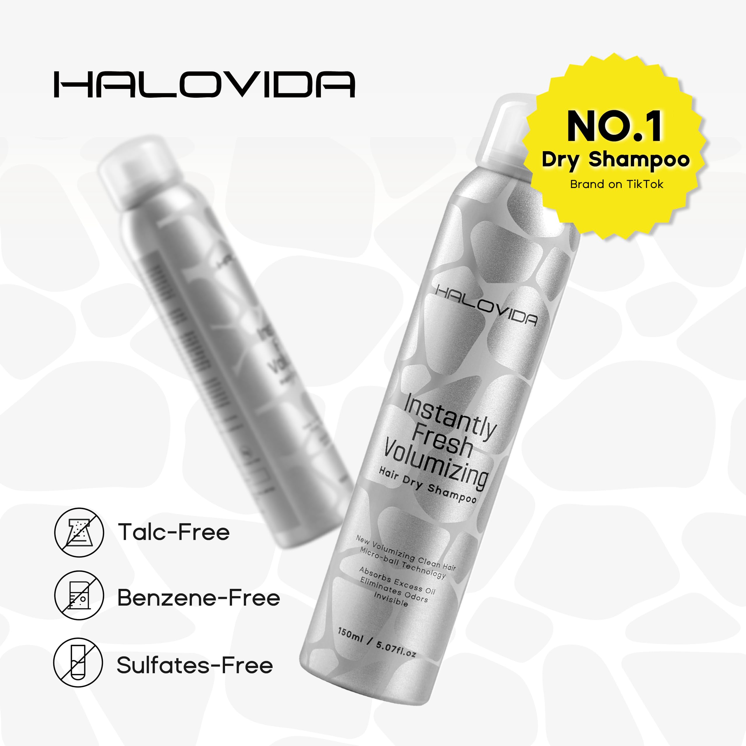 HALOVIDA Trockenshampoo ohne weiße Rückstände, Dry Shampoo 150ml, Frisches Haar ohne Waschen, keine weißen Pulverreste, für dunkles & helles Haar, schnell & rückstandsfrei (ohne Tierversuche)
