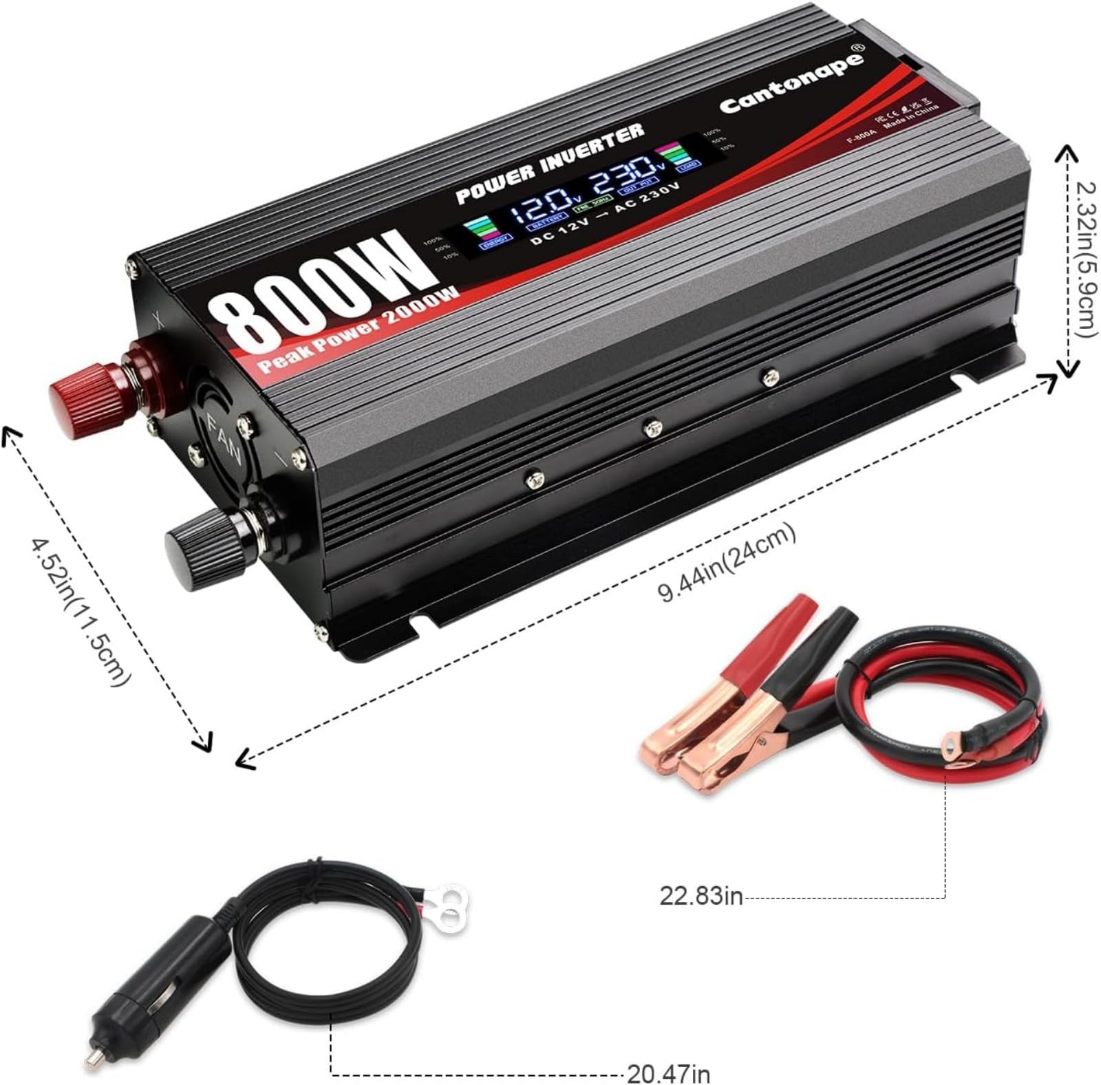 800 W/2000 W - Inverter di corrente per auto Onda modificata da 12 V a 220 V, 230 V, spina EU, Dual USB con display LCD Monitor per auto, camper, barca, campeggio