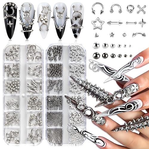 24 Grids Goth Nail Charms Studs, 3D Punk Nail Charms