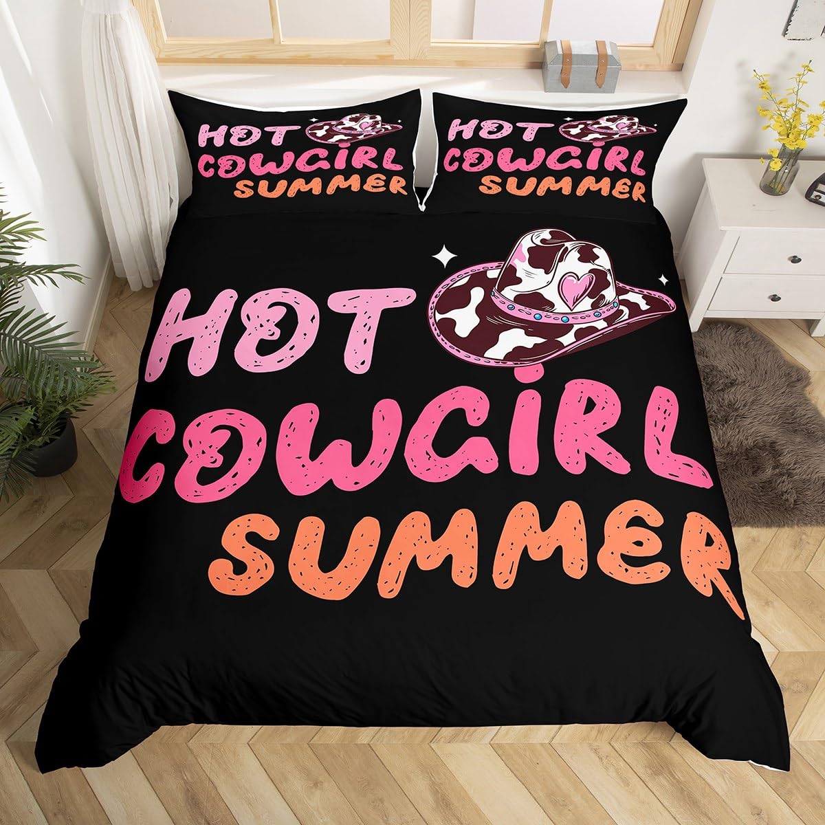 Western Comforter Cover Super King for Girls Women Lady Hot Cowgirl Summer Design Duvet Cover, Pink and Black Bedding Set Wild West Cow Print Hat Quilt Cover Western Home Decor