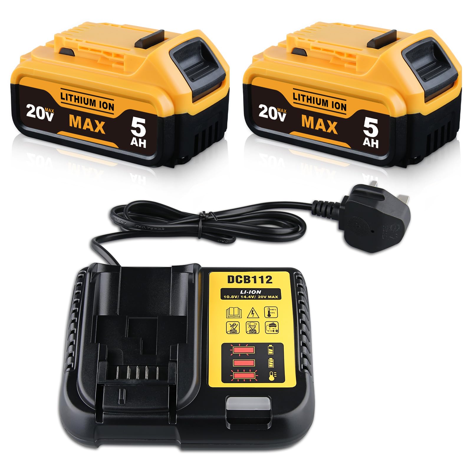 2PACK 5.0AH Li-ion 18V Battery and charger Replacement for Dewalt Battery charger Compatible with DCB200 DCB204 DCB206 DCB201 DCB203 DCB181 DCB180 20V DCD/DCF/DCG/DCS Series Compatible cordless power — image 1