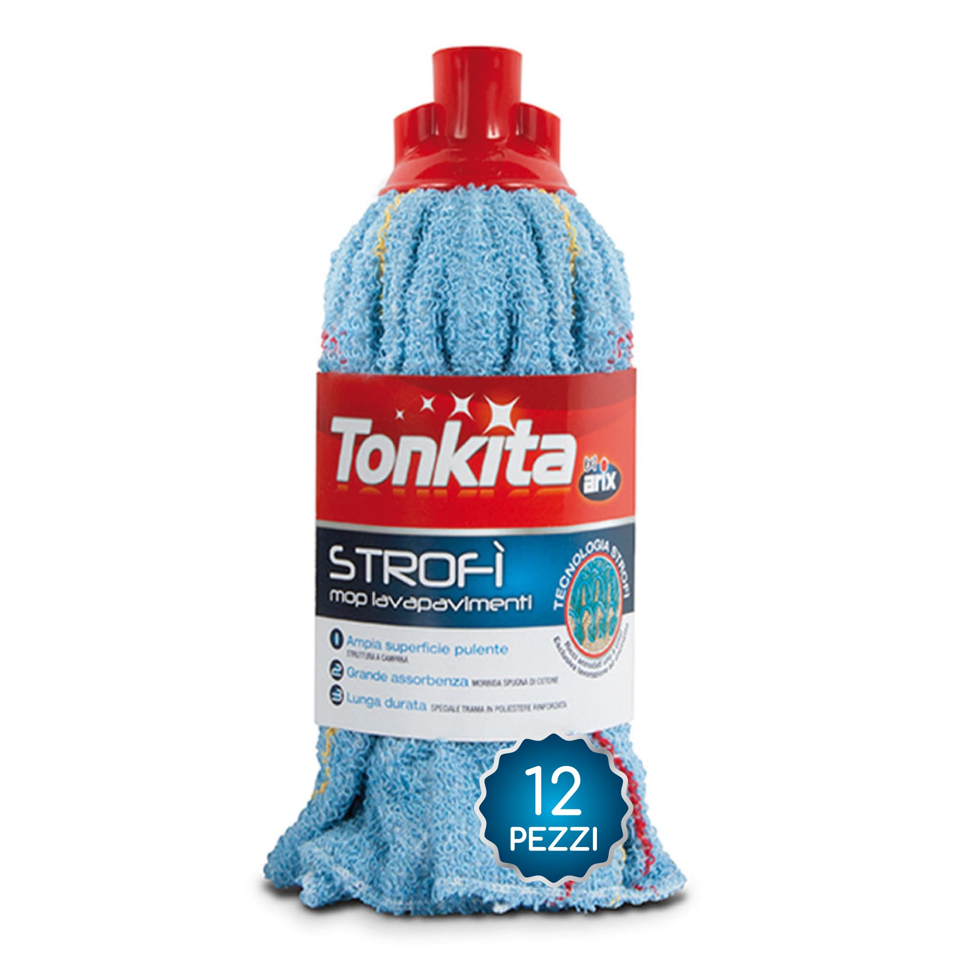 TONKITA | 12 Strofì Mop fregasuelos de algodón, Recambio de mopa de 28 cm, Apta para Todo Tipo de Suelos, mopa súper Absorbente de algodón – Paquete de 12 Unidades