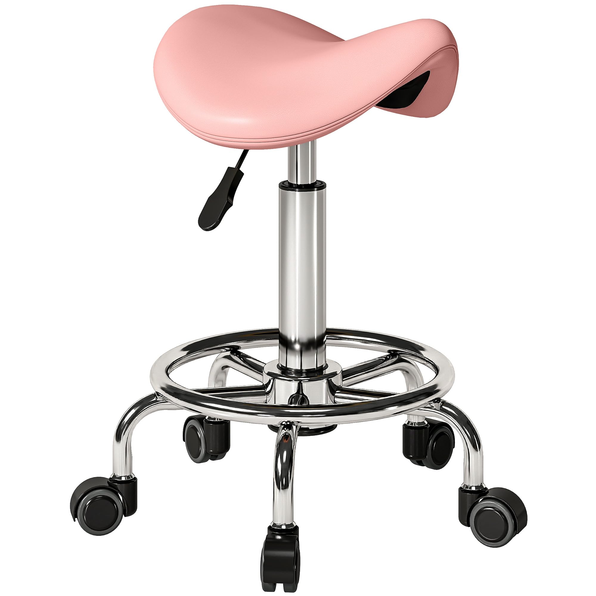 HOMCOM Saddle Stool, PU Leather Adjustable Rolling Salon Chair for Massage, Spa, Clinic, Beauty, Hairdressing and Tattoo, Pink