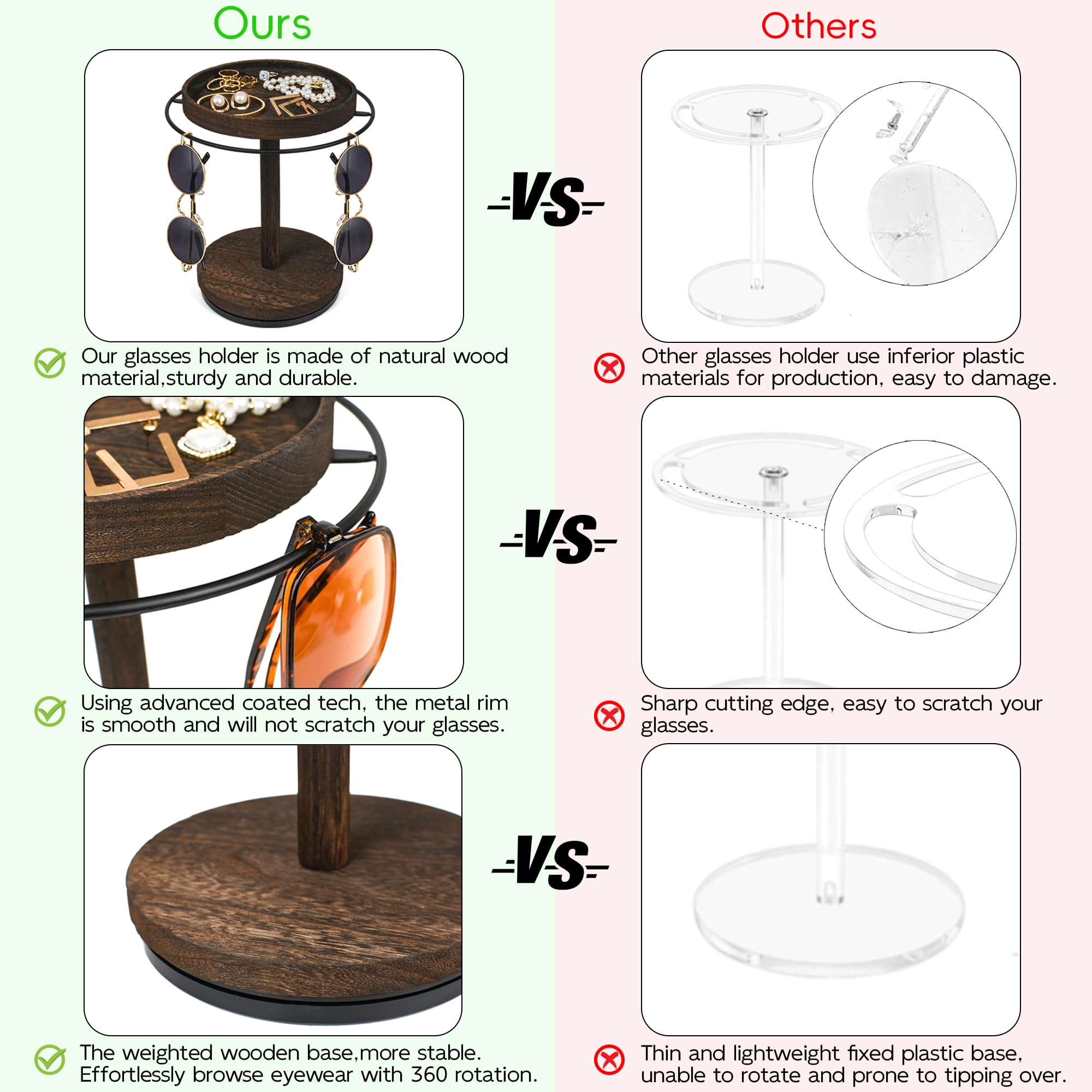 Organizador giratorio 360° para gafas de sol con bandeja de madera y base de vidrio, expositor de almacenamiento múltiple para mesa