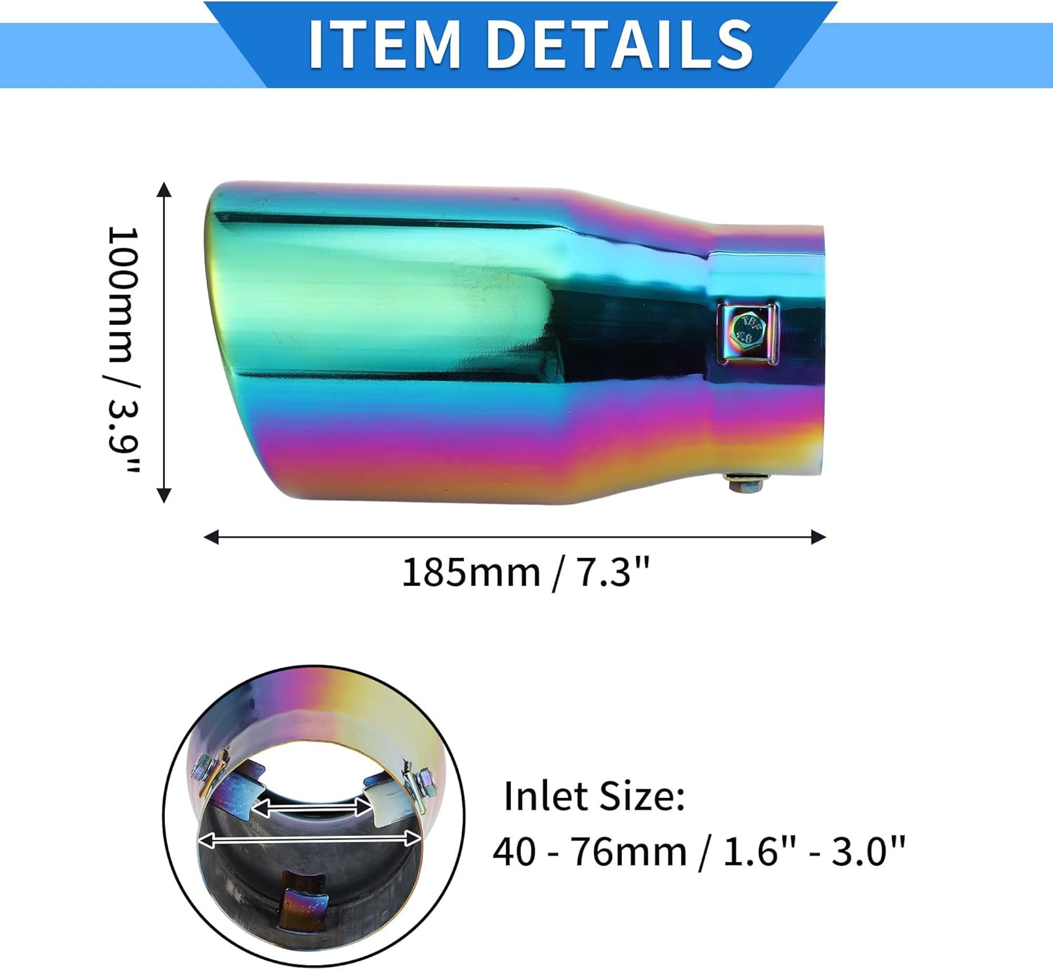 1 Pc Slant Cut Exhaust Tip 1.6" - 3.0" Inlet 3.9" Outlet 7.3" Length Tailpipe Universal Car Bolt on Stainless Steel Assorted Color Rear